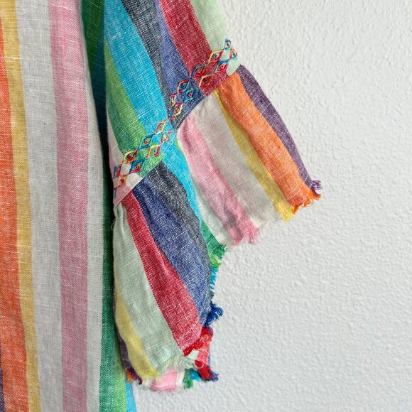 John Mark Shirt XL Rainbow Stripe Linen Embroidery Flounce Sleeve Raw Hem - Picture 3 of 8